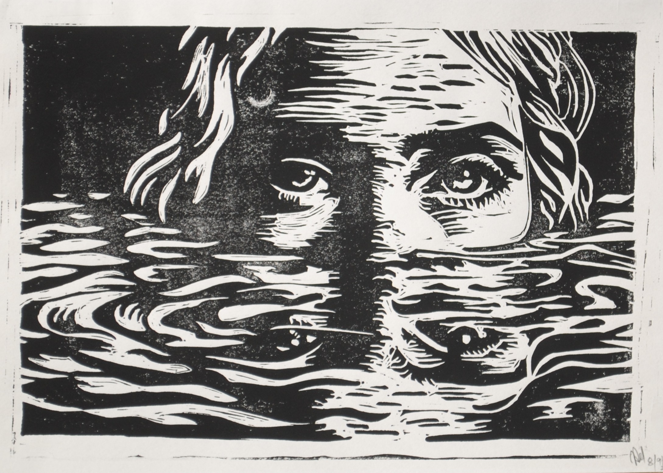 Drowned — two faces half-submerged in water, a linocut print
