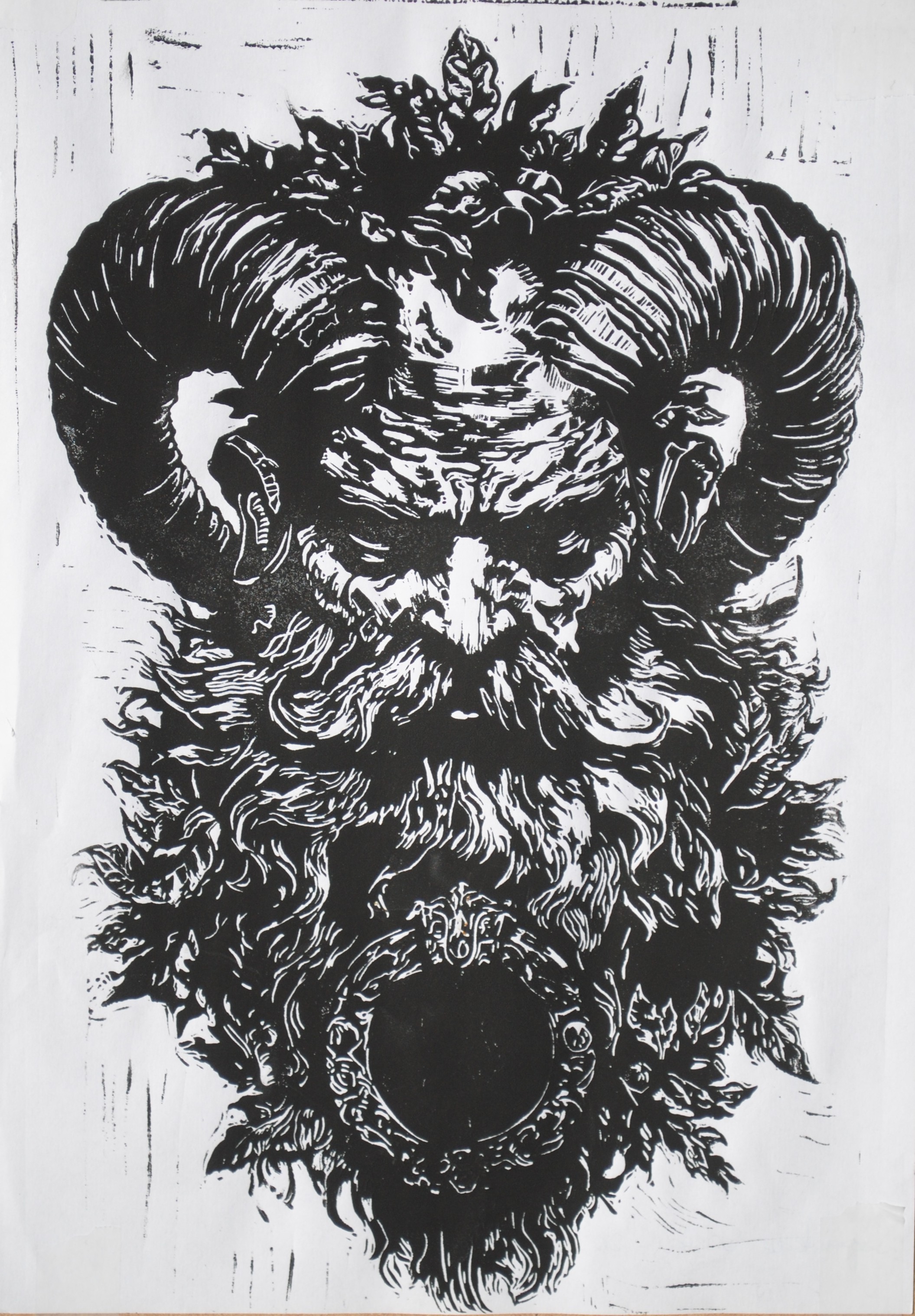 Heilung — a horned figure carved in linoleum