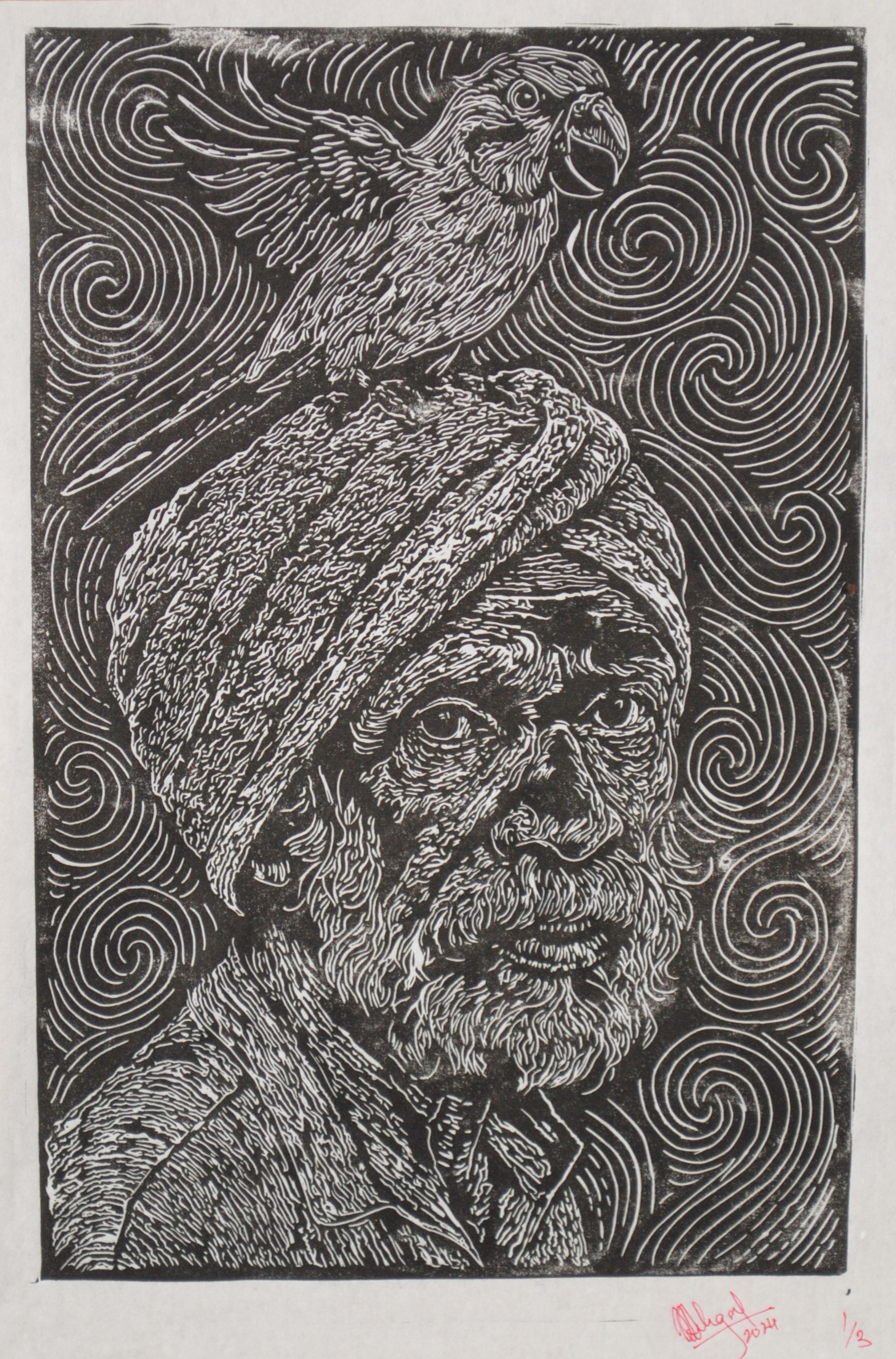 Parrot — a man with a bird, swirling ground