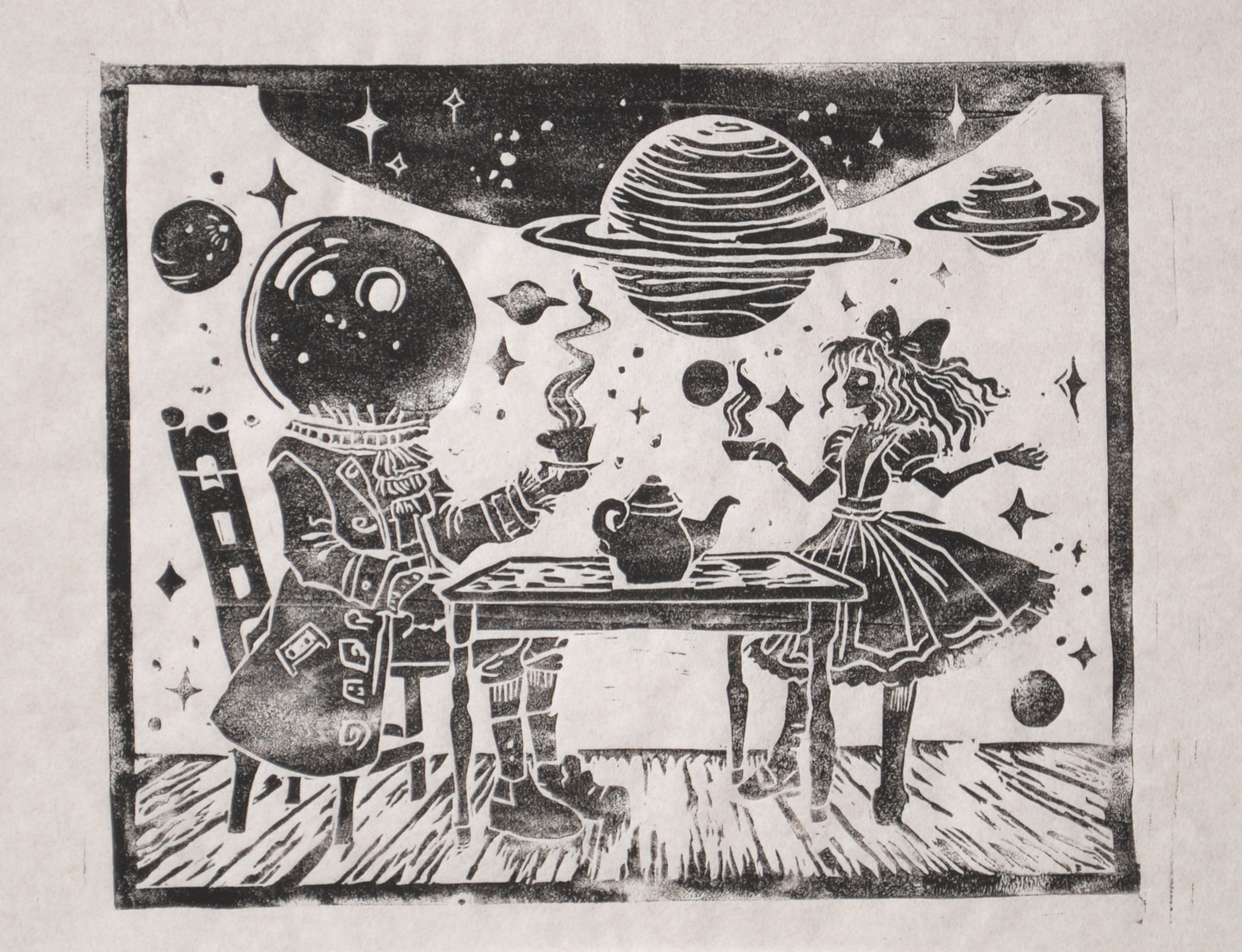 Tea Party — an astronaut and a girl among planets
