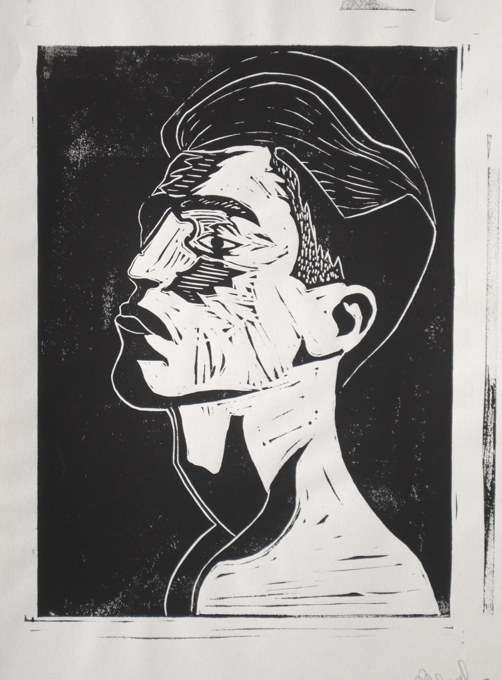 Turned — a profile, stark black ground